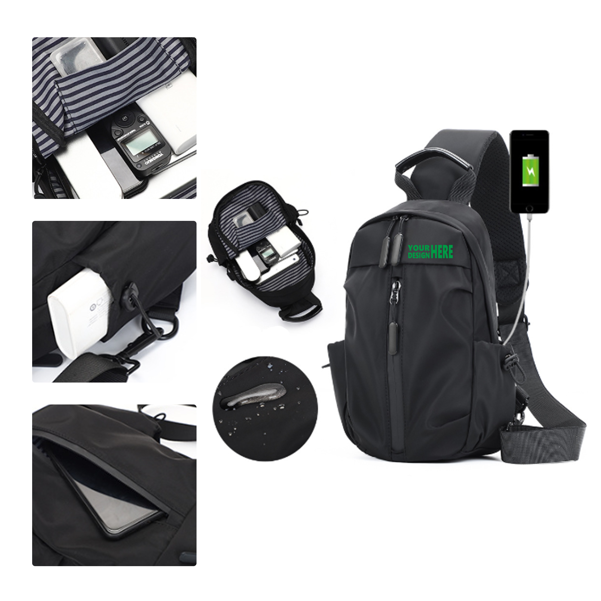 MOQ 50 USB Business Crossbody Bag Waterproof Nylon Outdoor Shoulder Bag 2