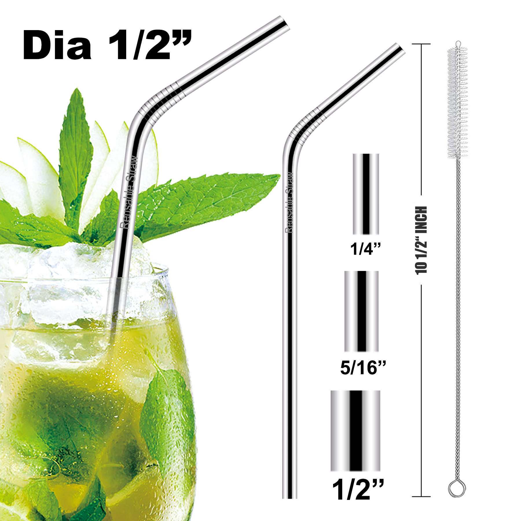 10 1/2"L 1/2"Dia Stainless Steel Straws 1