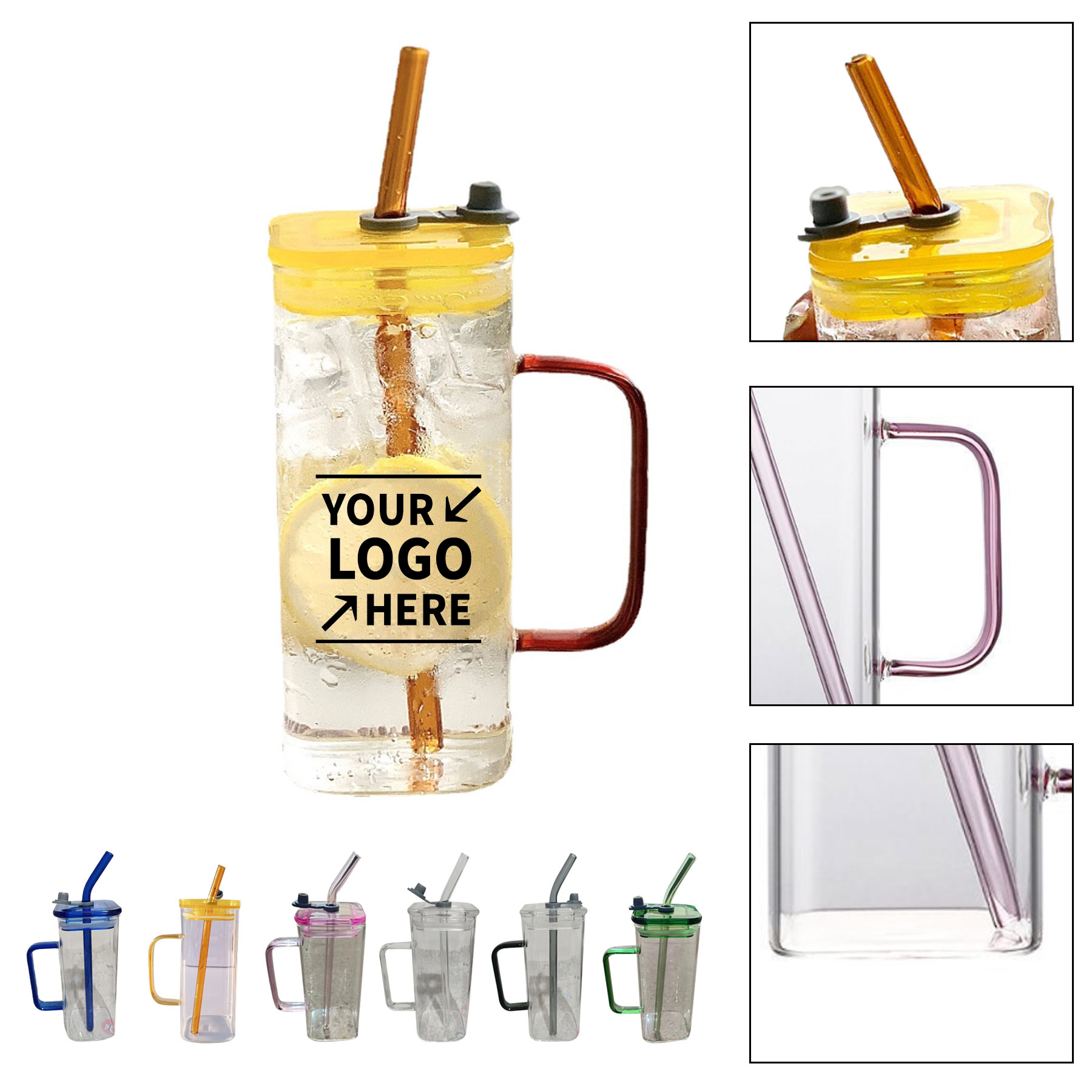 12 OZ Square Glass Bottle With Lid And Straw 2