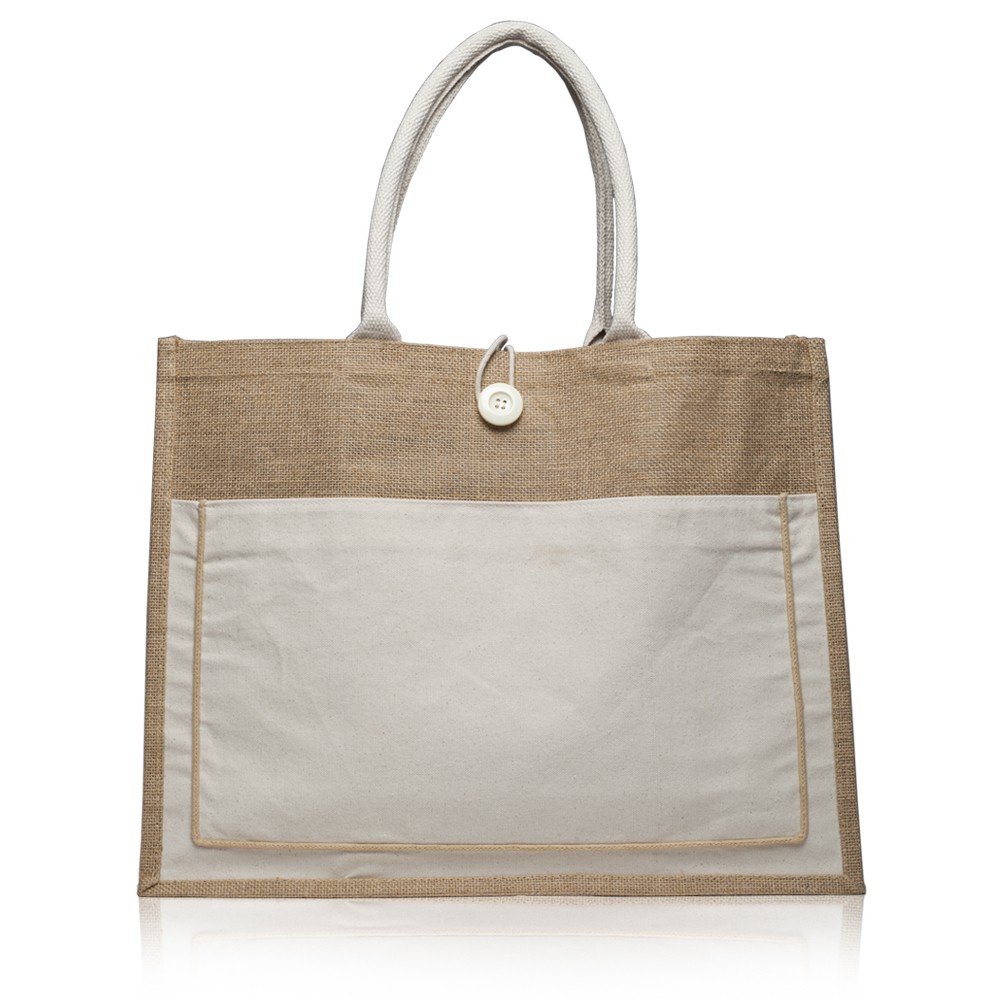 Two tone Jute Tote Bag w/ Front Pocket & Colored Handles & Gusset, custom tote bag with logo imprint 8