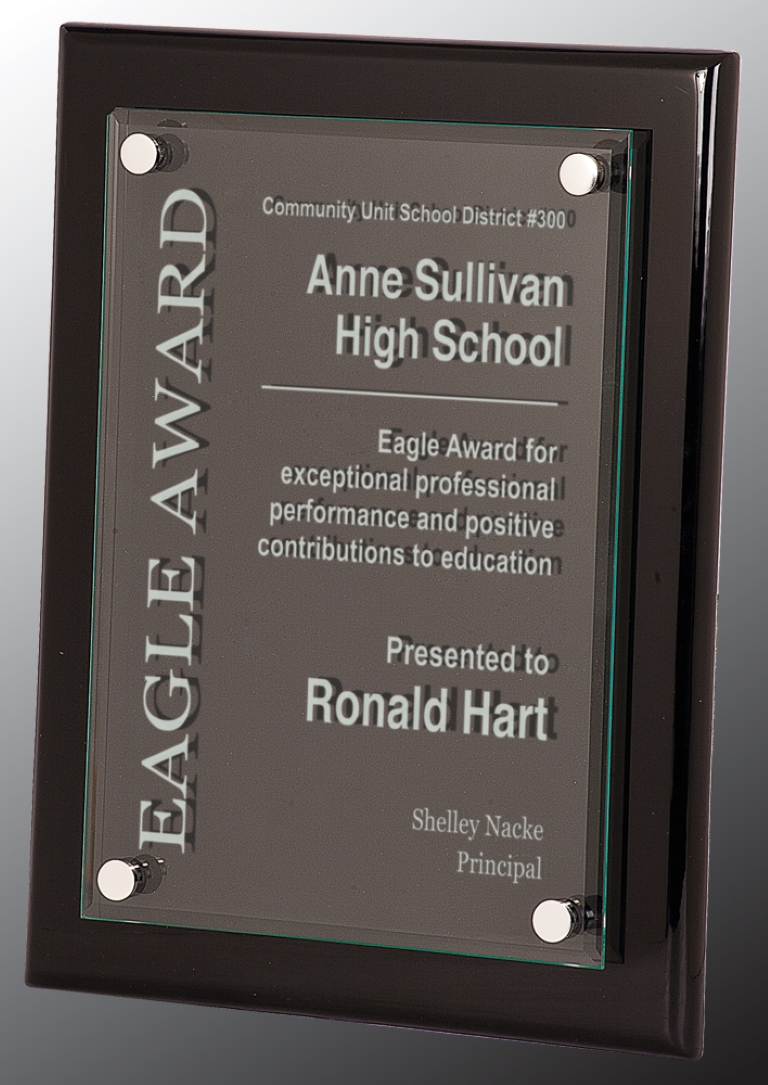 9" x 12" Black Piano Finish Floating Glass Plaque Award