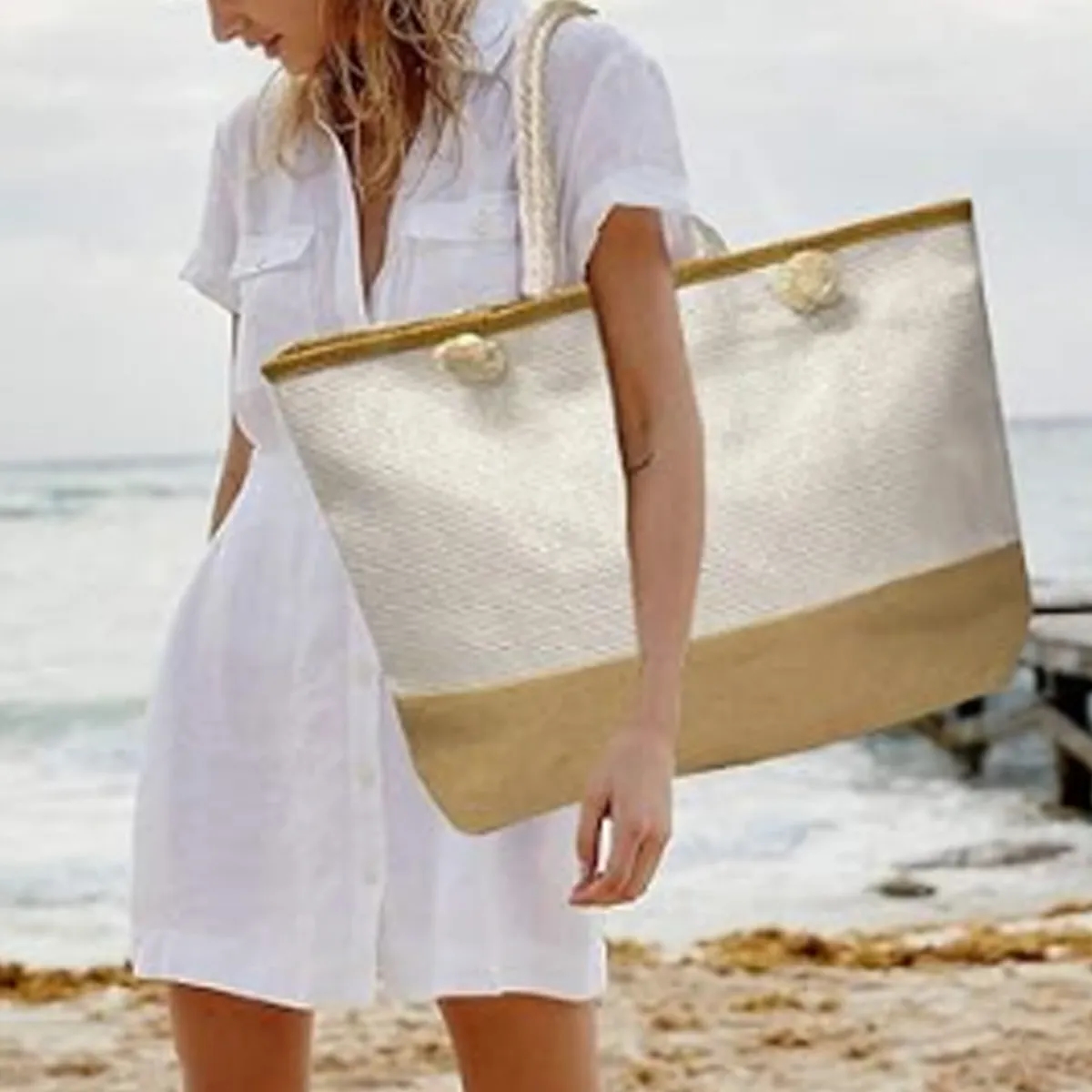 Canvas Jute Beach Grocery Tote Bag With Rope Handles, custom tote bag with logo imprint 1