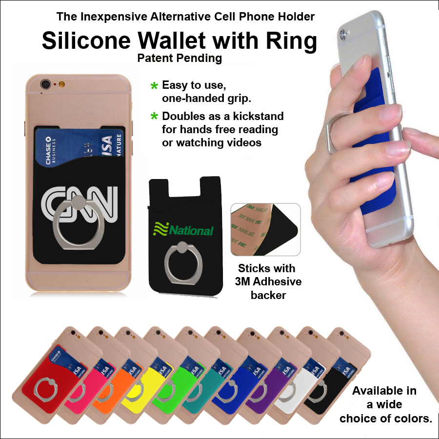 Inexpensive Alternative Cell Phone Holder- Silicone Wallet with Ring - Black