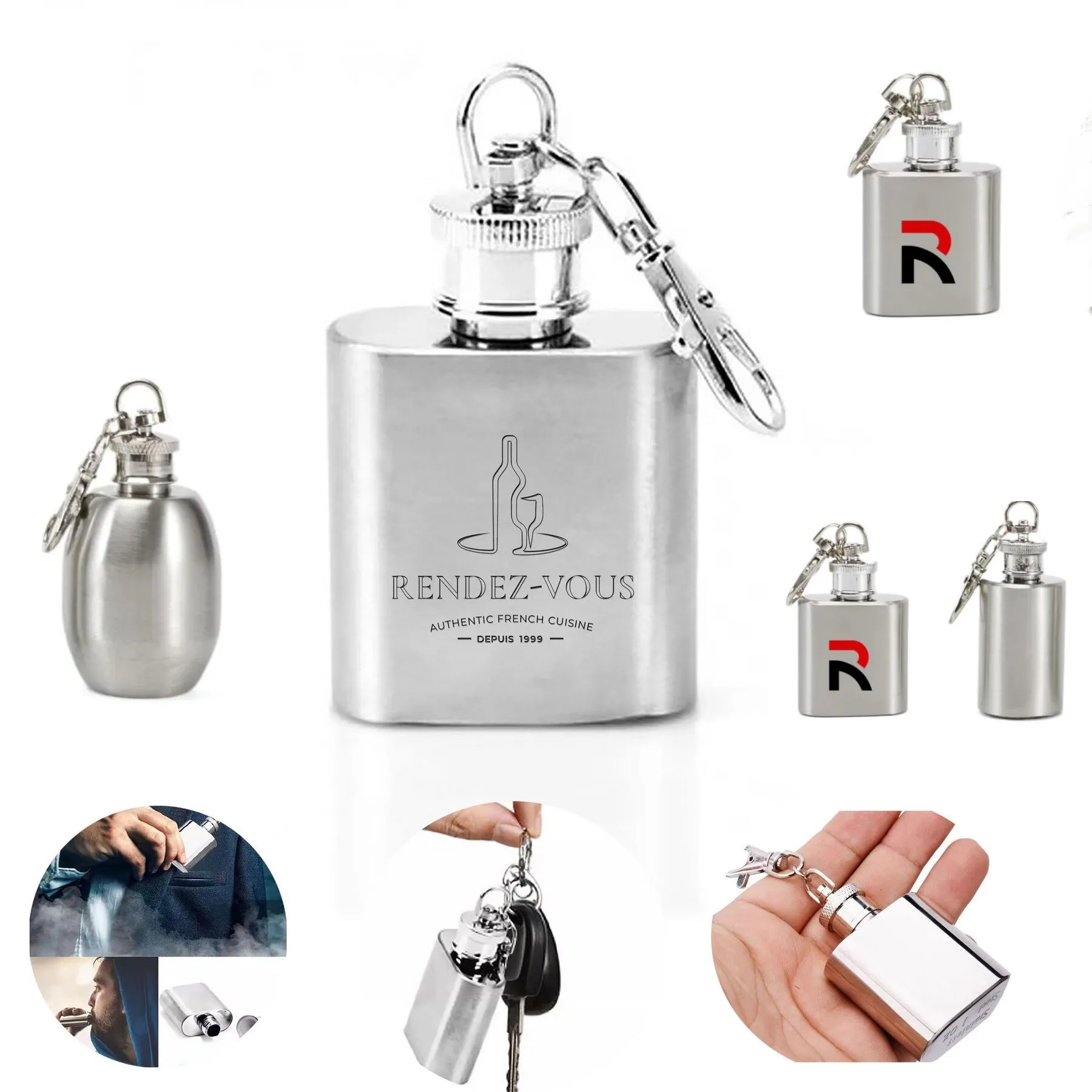Mini Stainless Steel Hip Flask with Keychain 1 OZ 6