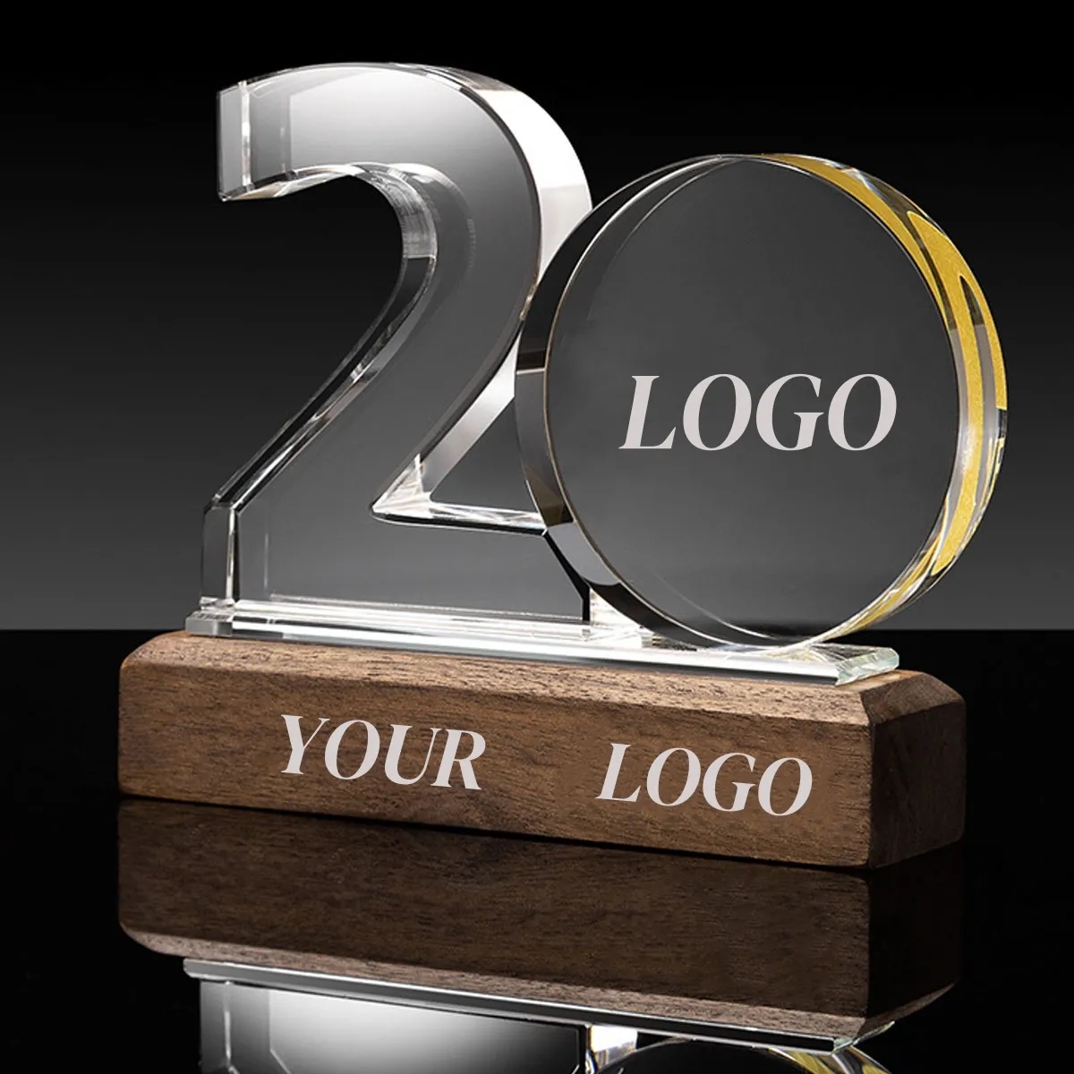 Personalized Work Anniversary Crystal Awards with Wood Base 5