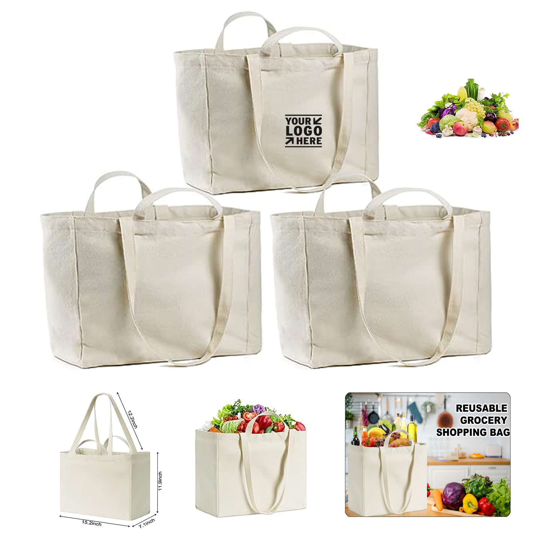 Reusable Shopping Foldable Washable Canvas Grocery Heavy Duty Tote Bag
1