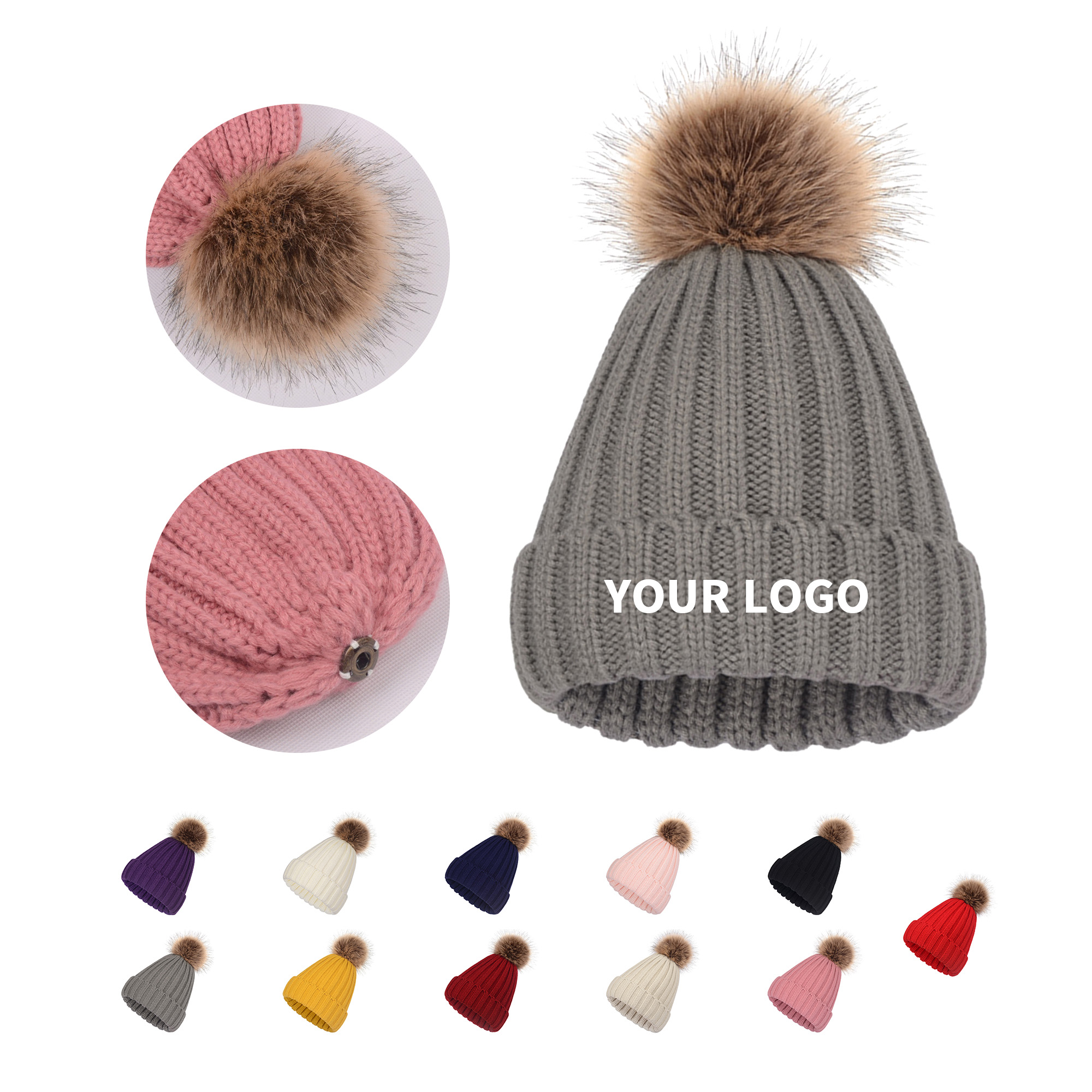 Acrylic Knit Winter Hat With Removable Faux Fur Pom 12