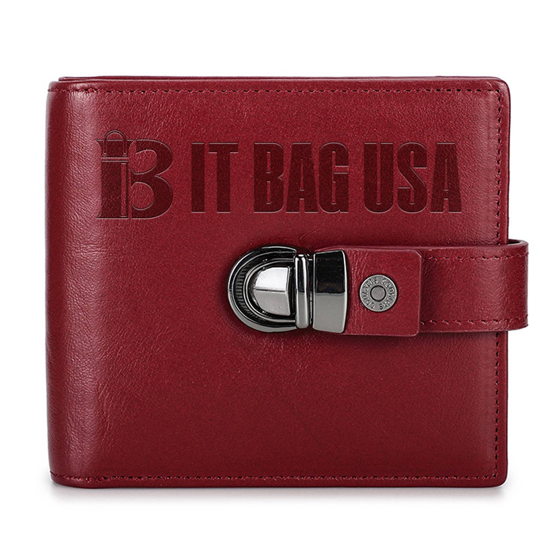 Genuine Leather RFID Small Square Buckle Wallet Women Red 2