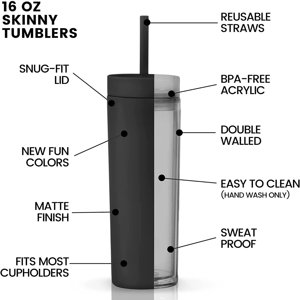 16 Oz.Skinny Tumbler With Straws 5
