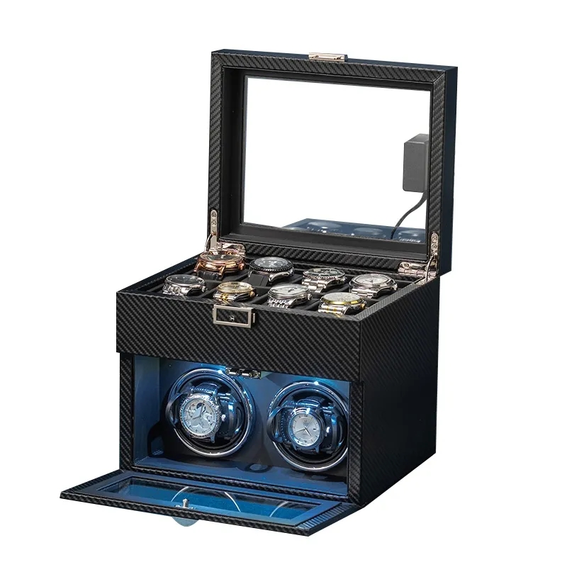 Standing 2-Slot Watch Winder + 8-Slot Storage Box With Light 5