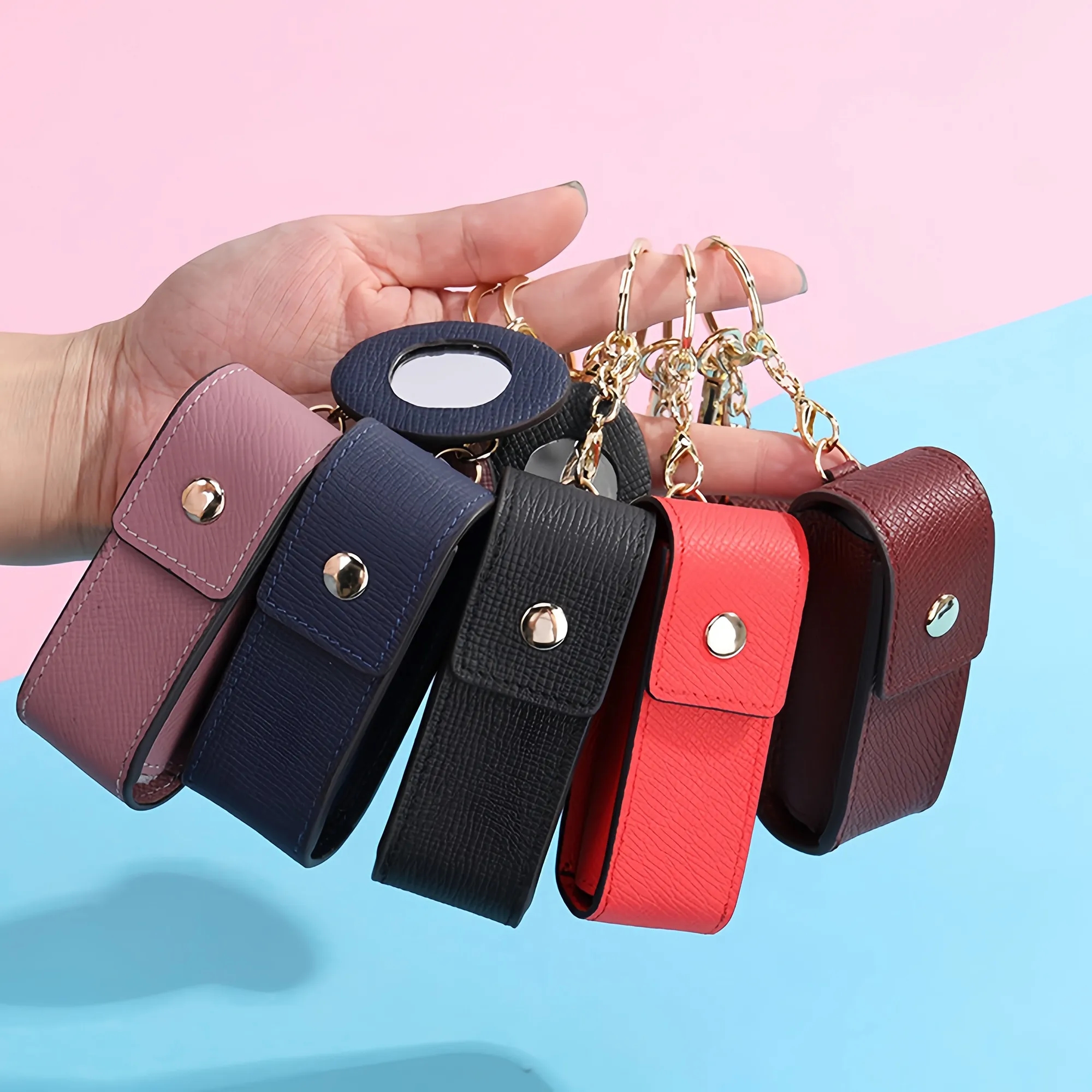 Leather Lipstick Perfume Keychain Organizer With Mirror 4