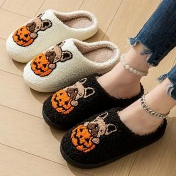 Halloween Pumpkin Dog Embroidered Slippers 1
