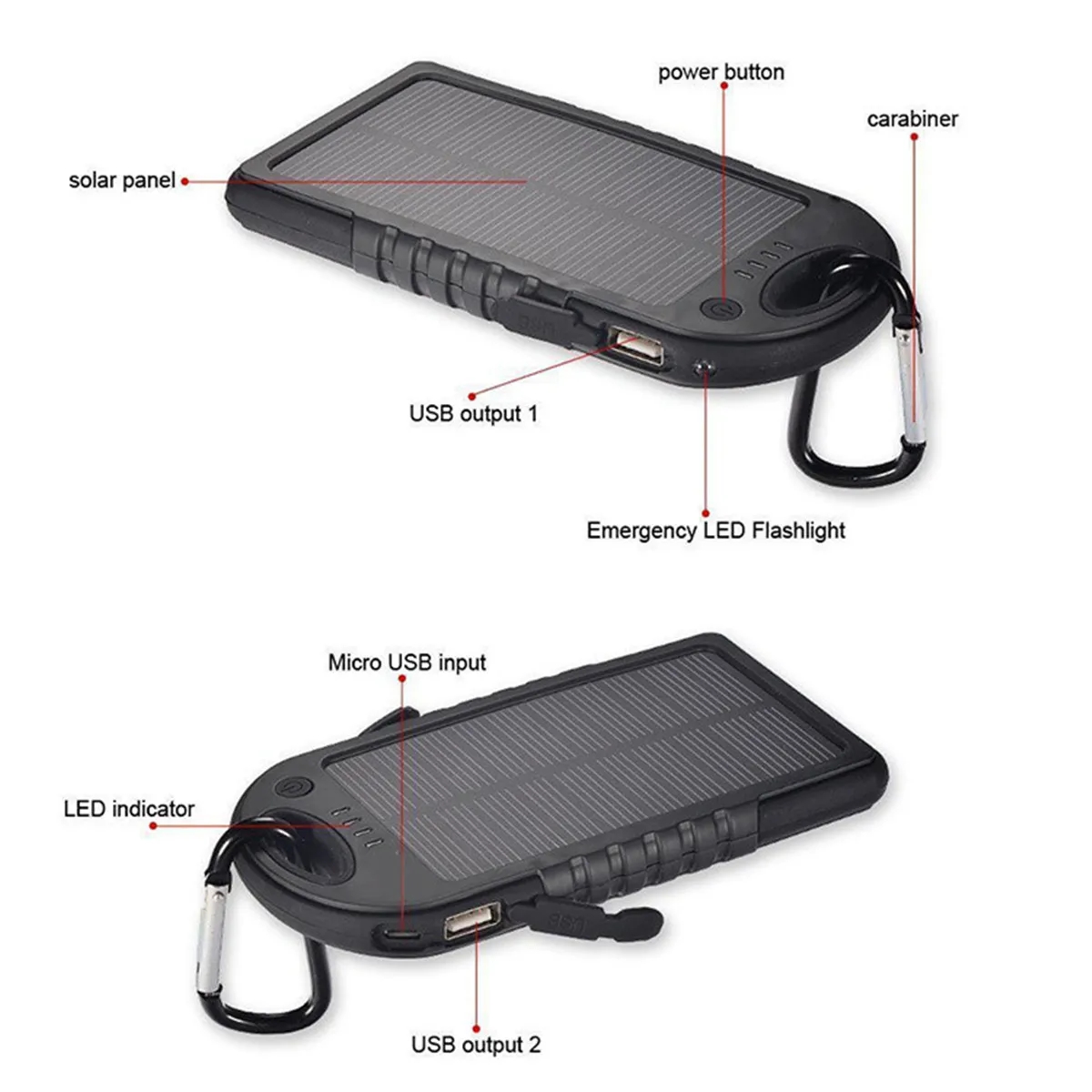 Solar Power Bank w/Carabiner & Flashlight 3