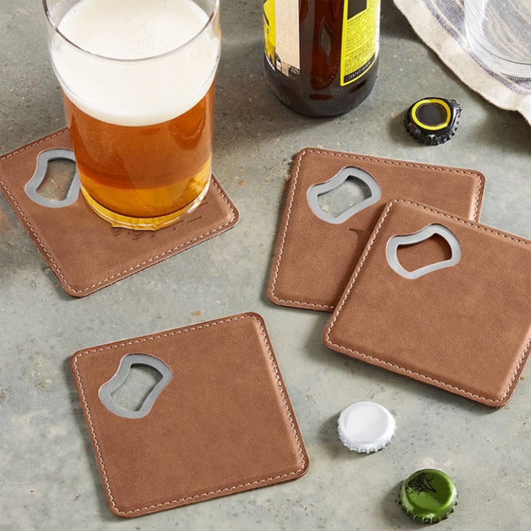 Leather Stainless Bottle Opener Coaster 2