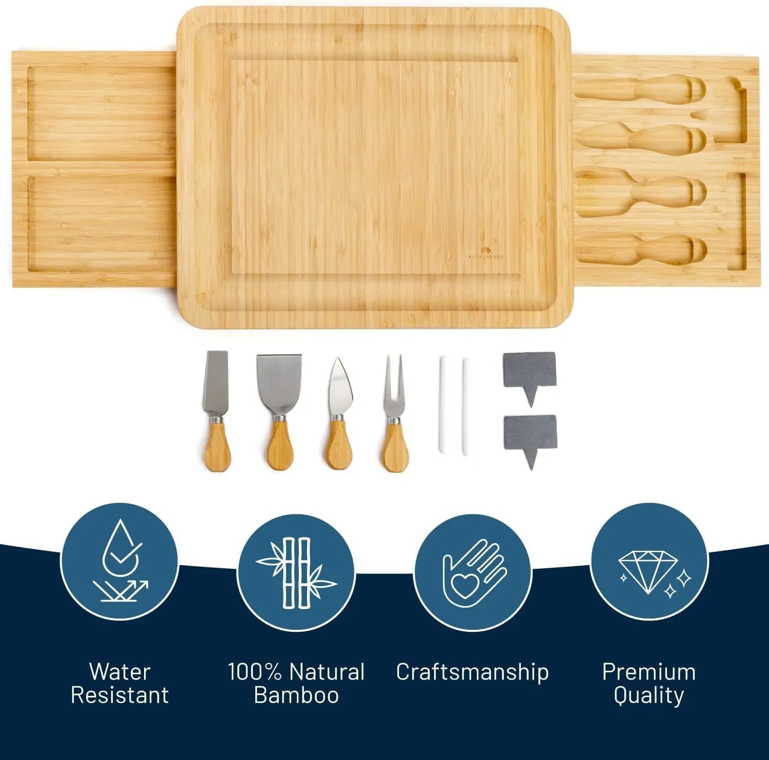 Unique Bamboo Cheese Board and Knife Set with 2 Slide-Out Cutlery Drawers 6