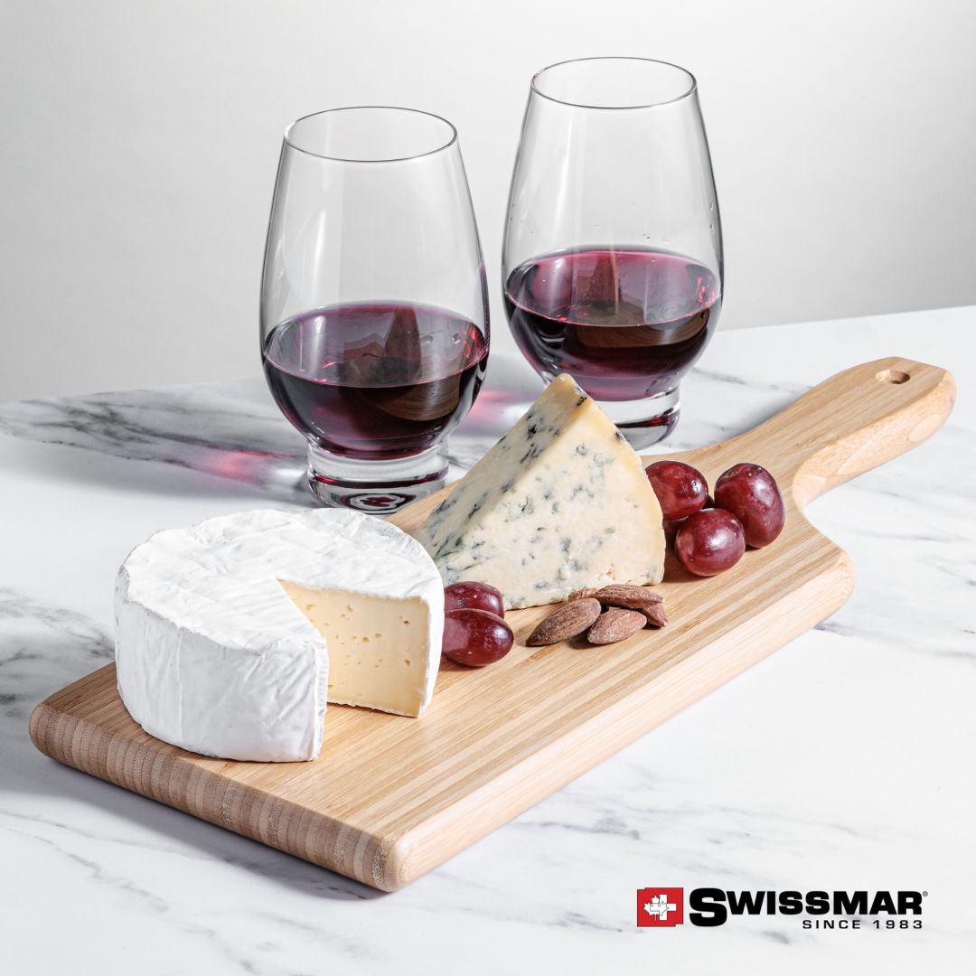 Swissmar® Bamboo Board & 2 Glenarden Stemless Wine 2