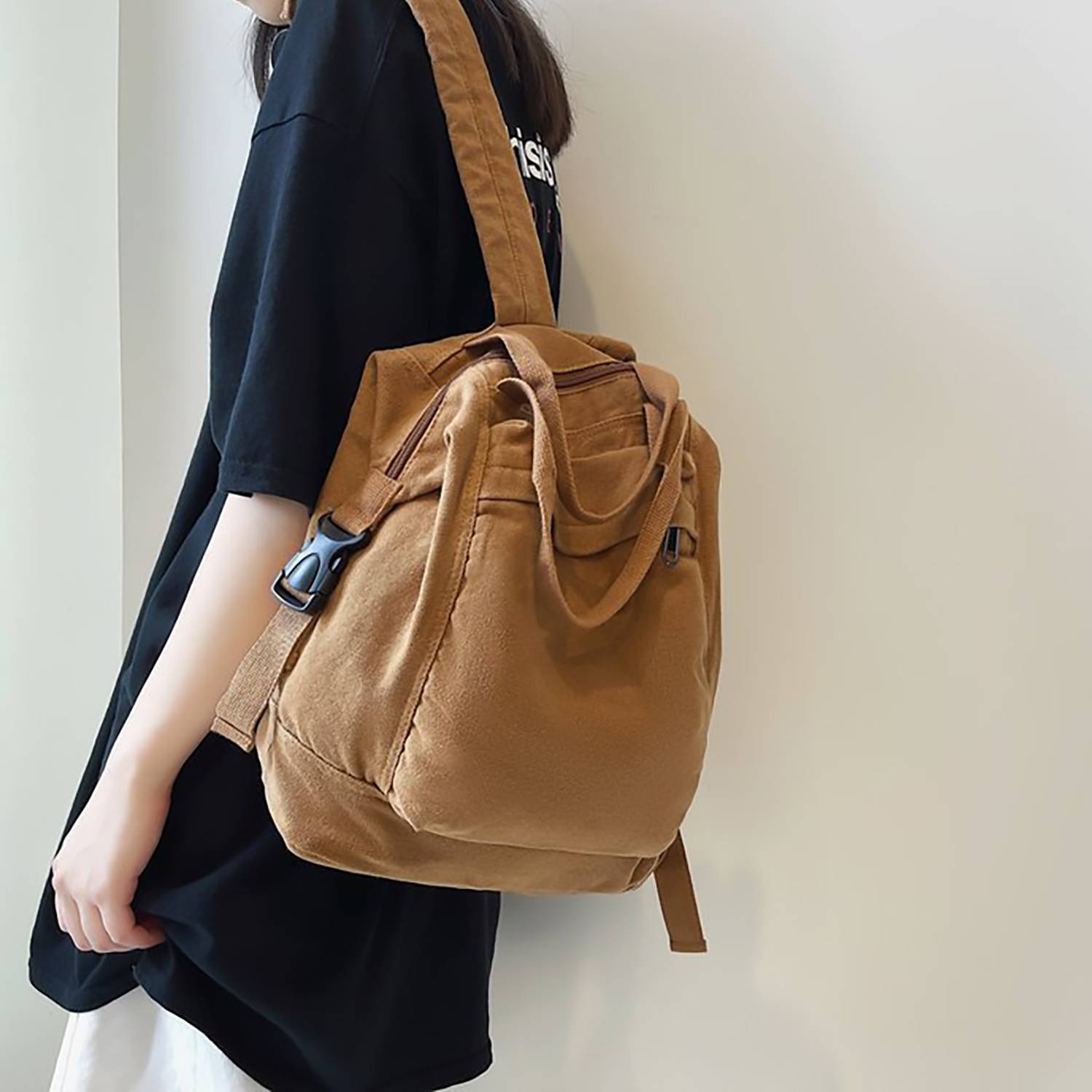 Solid-color Retro Nylon Multi-pocket Backpack 11