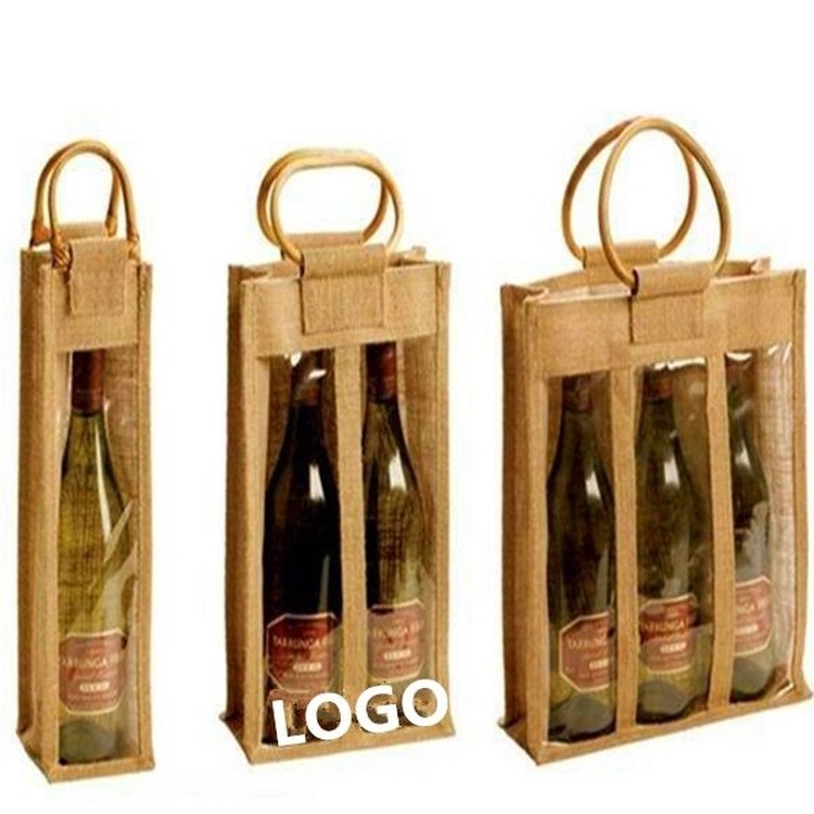 Adini 100% Jute All Natural Clear Front Wine Bottle Bag, custom tote bag with logo imprint 2