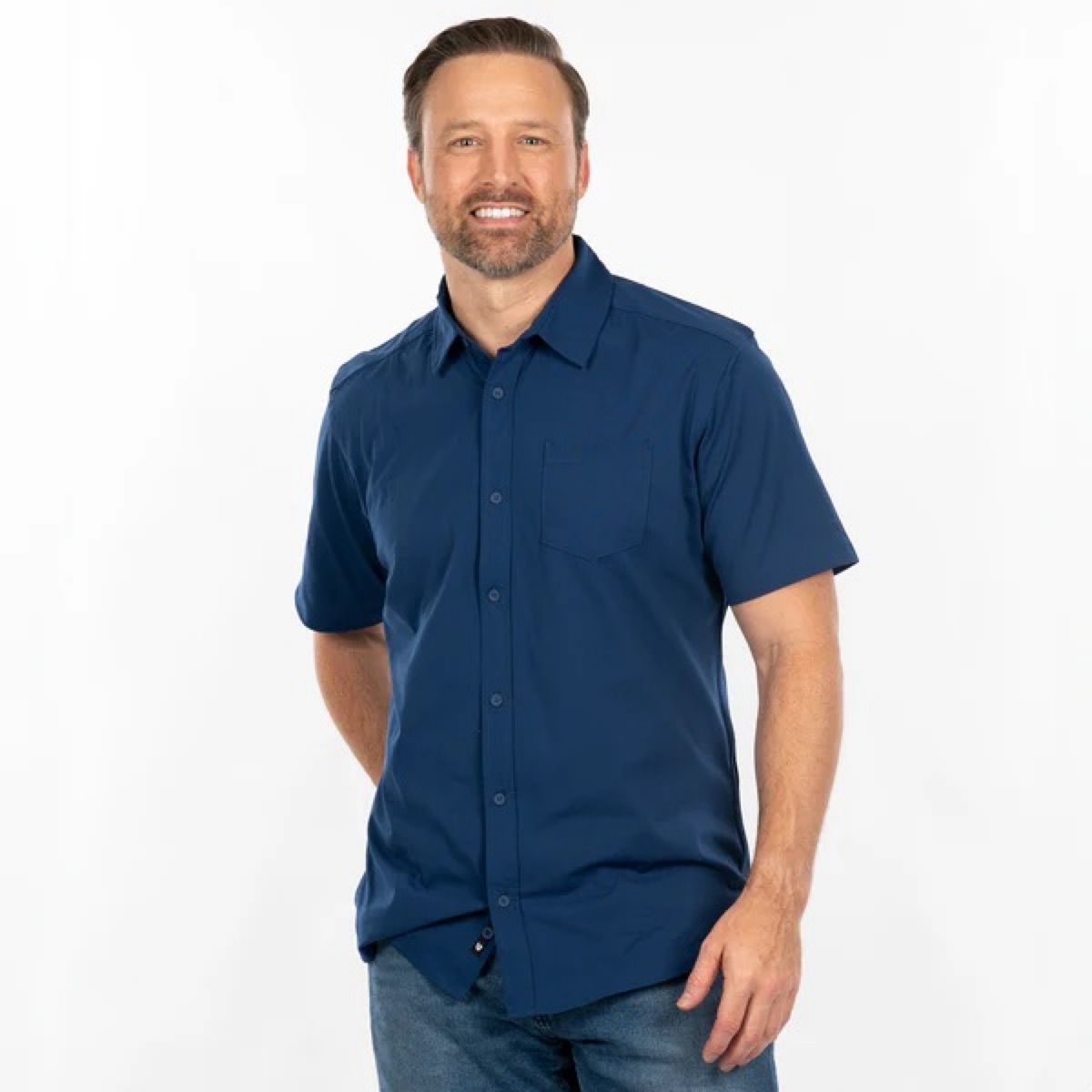 Perforated Stretch Woven Button-Up 2
