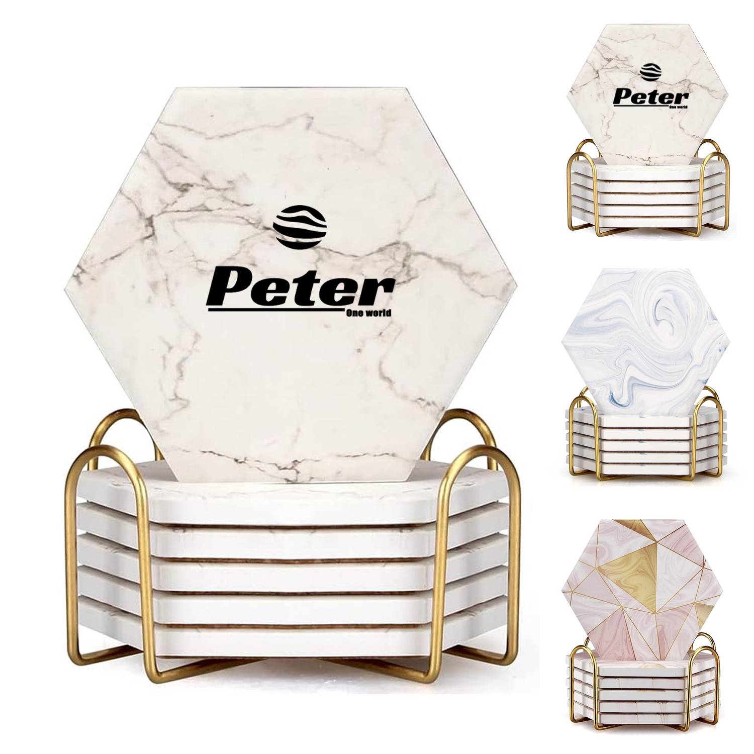 6Pcs Absorbent Hexagon Ceramic Coaster Set