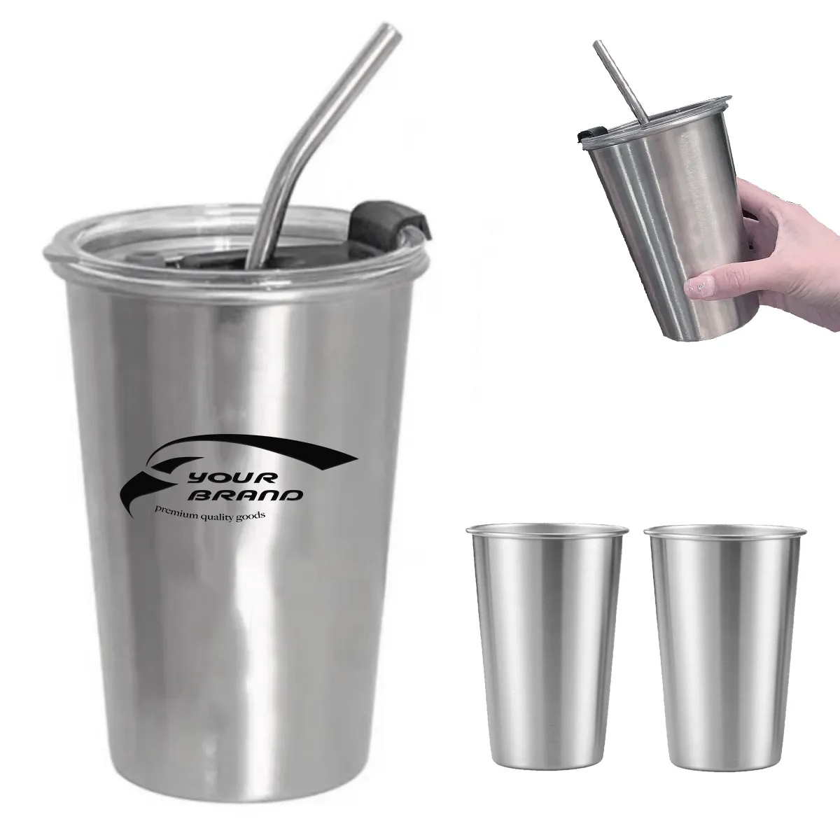 17oz. Metal Mug Pint Cups Stackable Cup With Lid And Straw 1