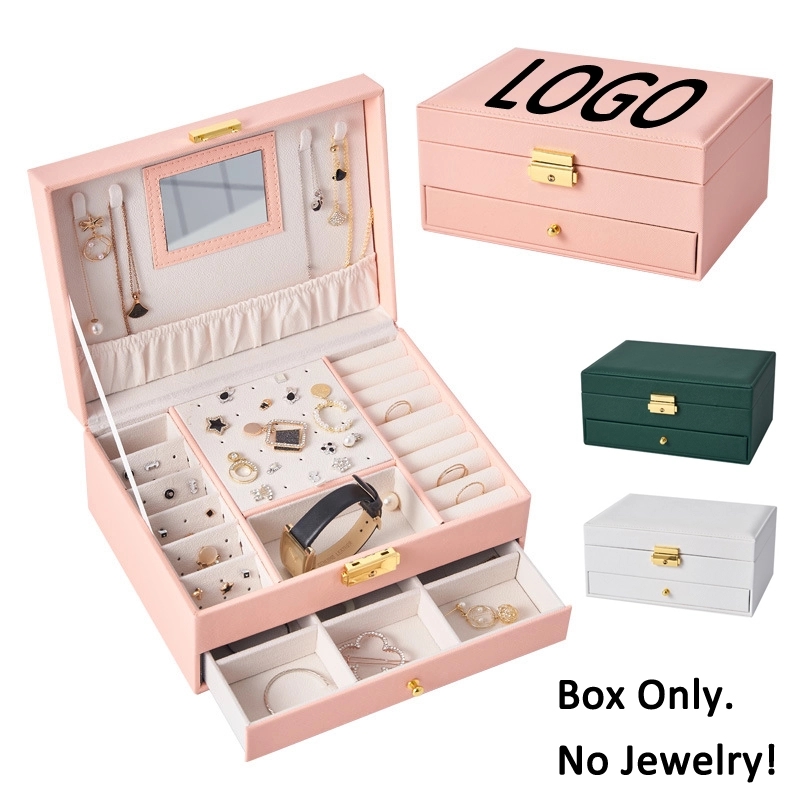 Custom 2-Layer PU Jewelry Organizer Box with Drawer & Mirror 3