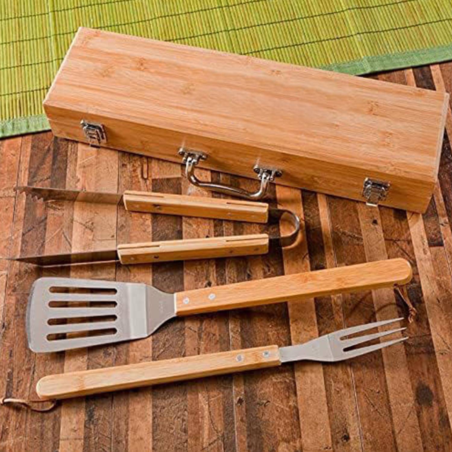3PCS Wooden Handle Stainless Steel BBQ Set w/ Case 5