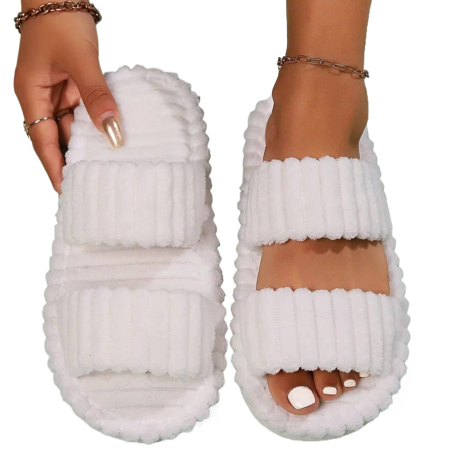 Women's Plush Open-Toe Anti-Skid Double Strap Cotton Slipper 3