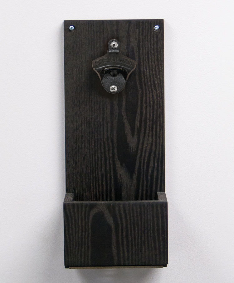 Wall-Mount Bottle Opener with Slide-Out Wood Cap Catcher