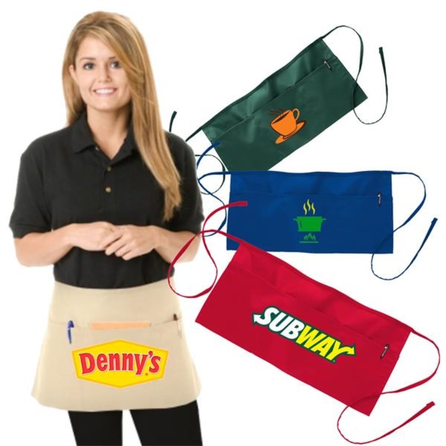 7.5 oz Restaurant Aprons w/ Custom Logo Full Length Apron 3 Pockets USA Decorated (24" x 12") 2