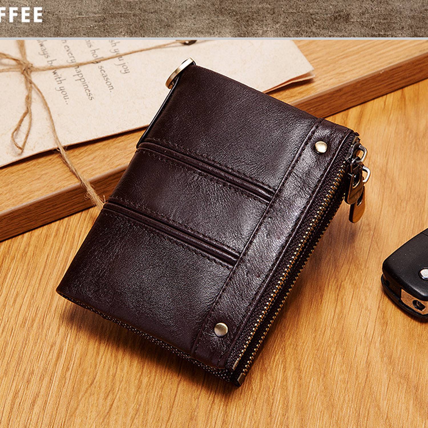 Genuine Leather Short Men's Double Zipper Wallet Purse 4