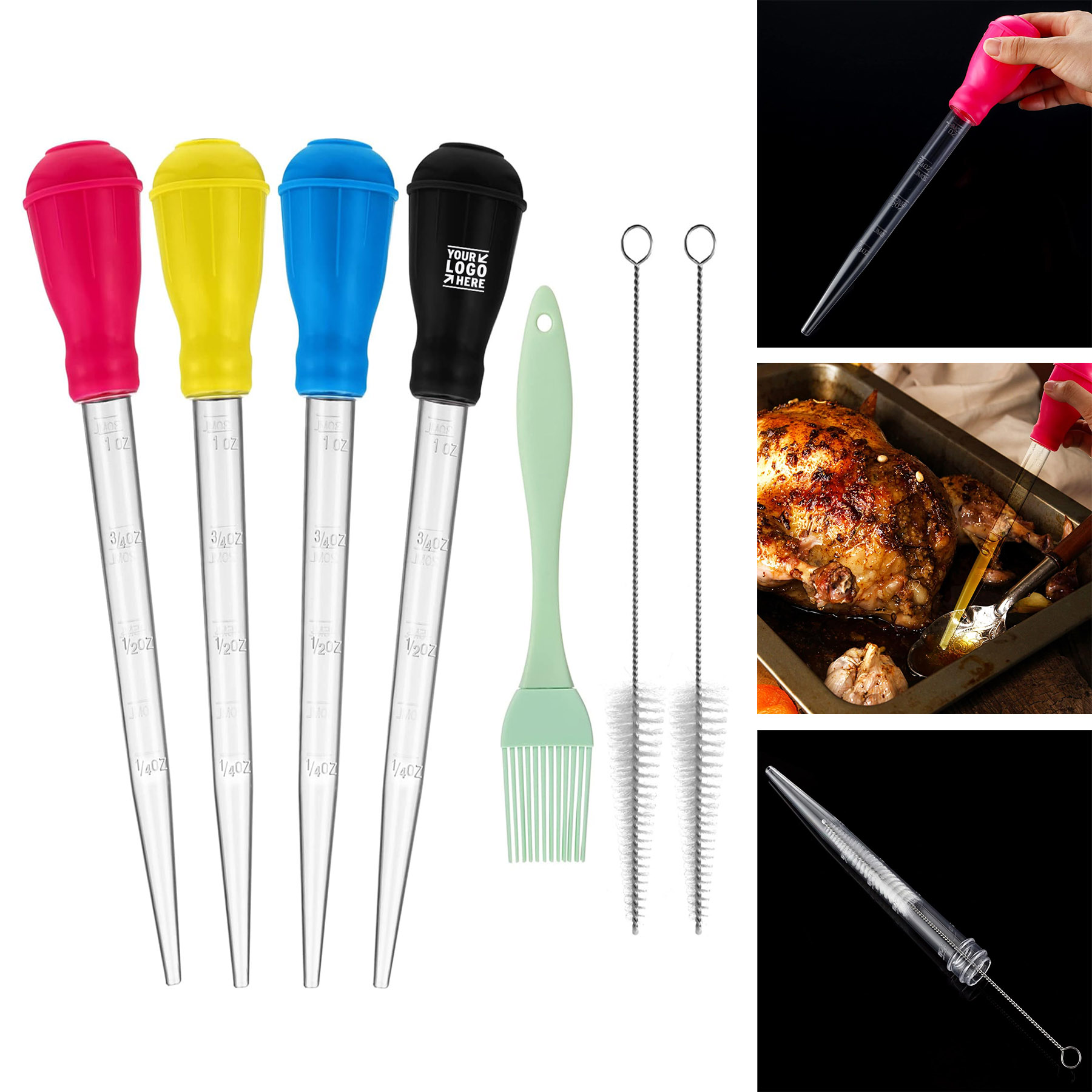Nylon Heat-resistant Turkey Meat Baster Cooking Set 1 Silicone Basting Brush and 2 Cleaning Brush   