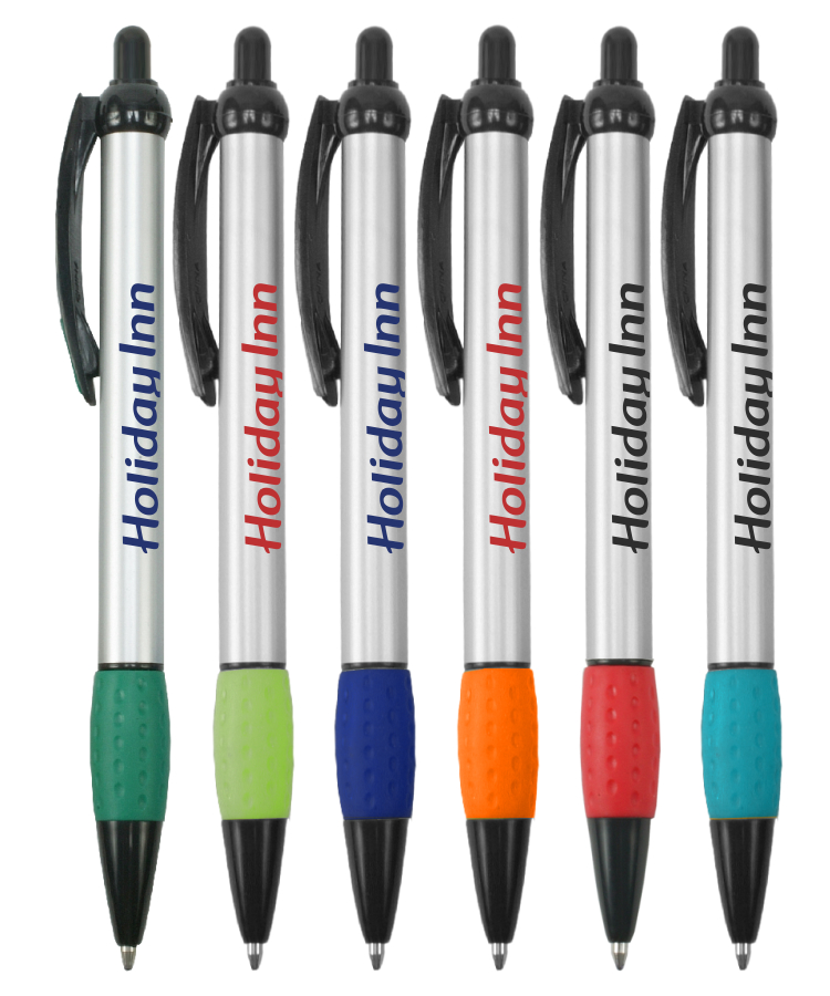Promotional - Jolly Jotter - Silver Barrels Ballpoint Pens with Colored Trim and Rubber Grip 11