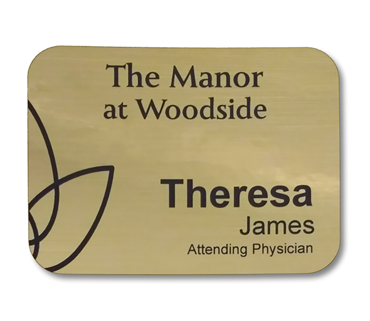 The Zeus full color metallic plastic name badge up to 9 sq" 5
