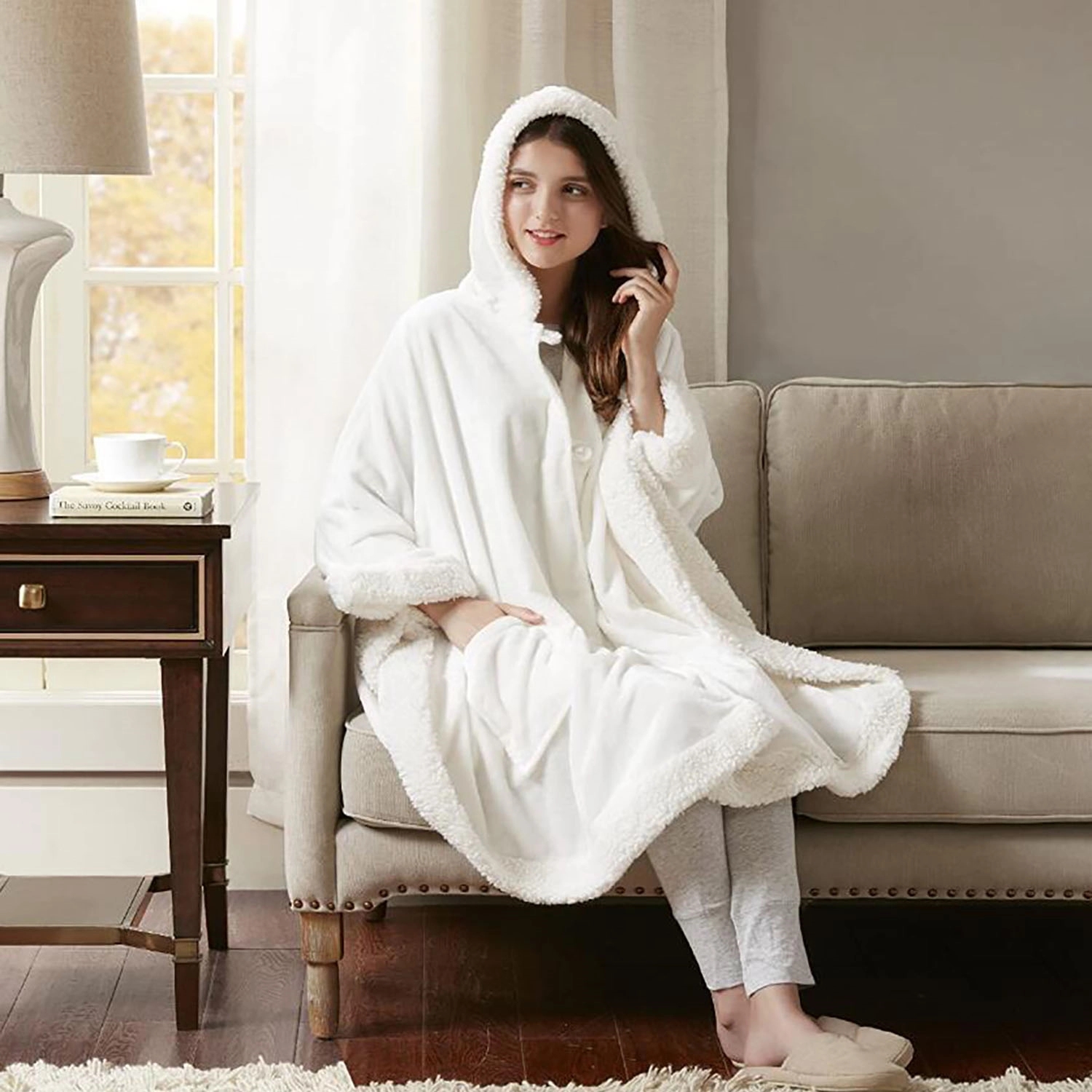 Pearl Buckle Hooded Casual Cape 2