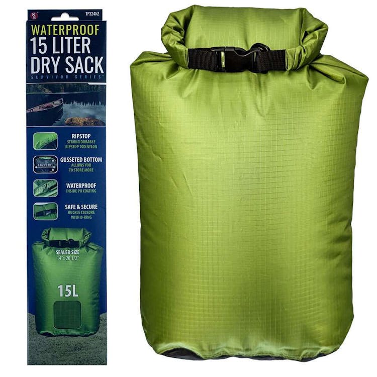 15L Waterproof Green Dry Sacks - 20.5" x 14.5" 2