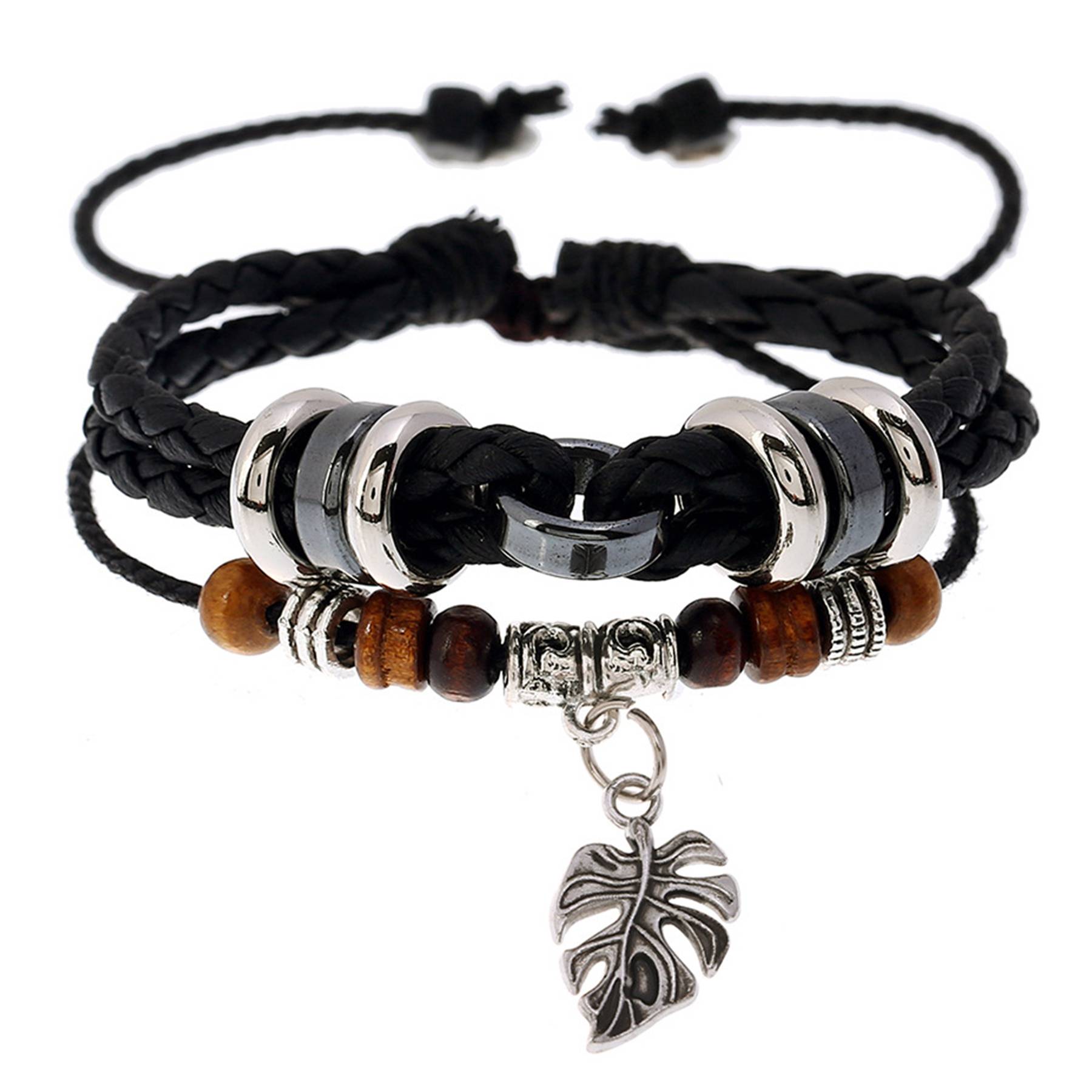 PU Multi-layered woven leaf pendant men's bracelet 2