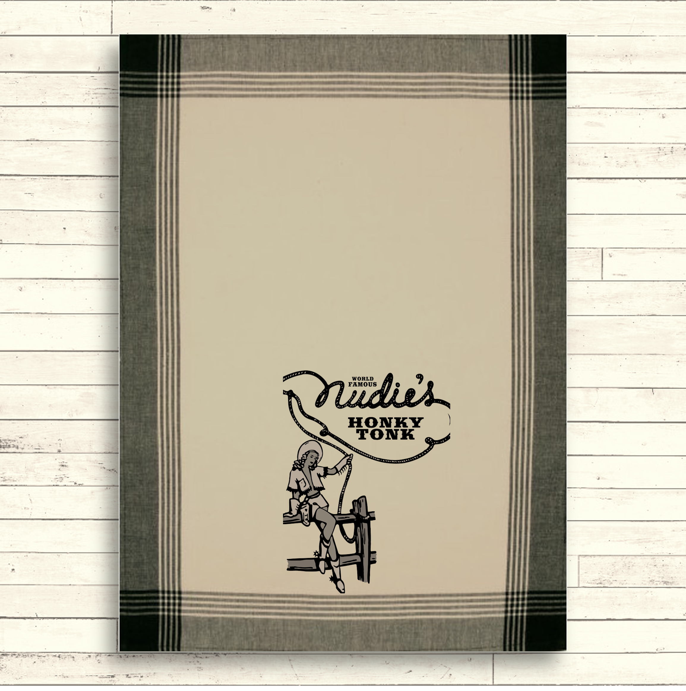 Black/Tea Dyed Plaid Kitchen Towel with Custom Print 1