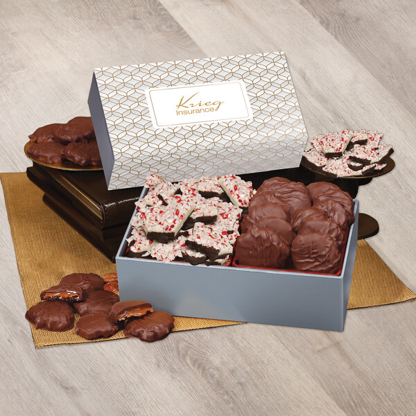 Peppermint Bark & Pecan Clusters in Gift Box with Silver & Gold Geometric Sleeve