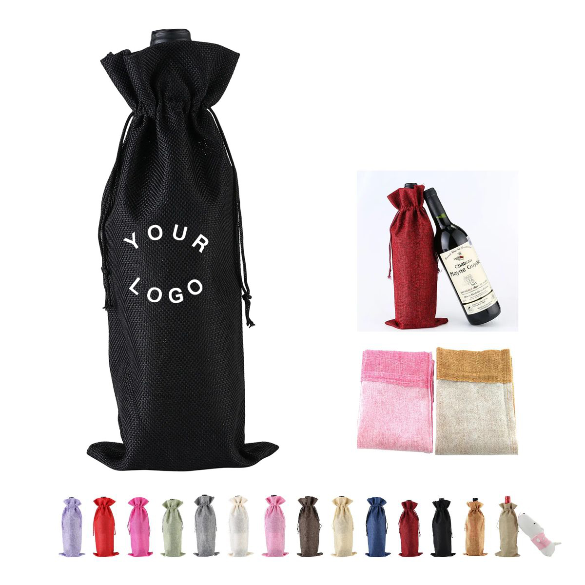 Wine Gift Pouch Burlap Fabric Reusable 16