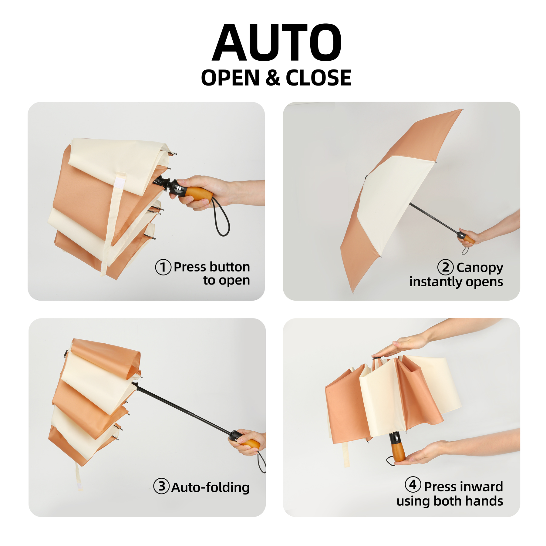 46" Arc Auto Open Wooden Handle Folding Umbrella 4