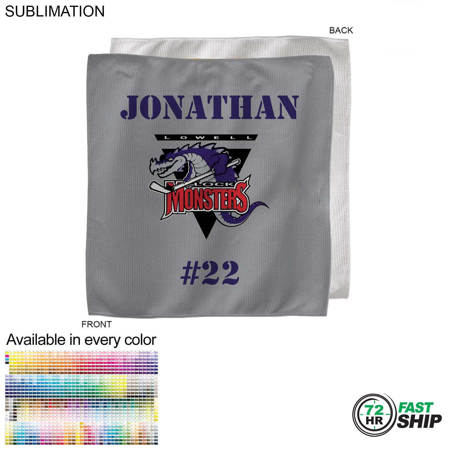 72 Hr Fast Ship - Team Towel in Microfiber Dri-Lite Terry, 15x15, Sublimated sweat towel 3