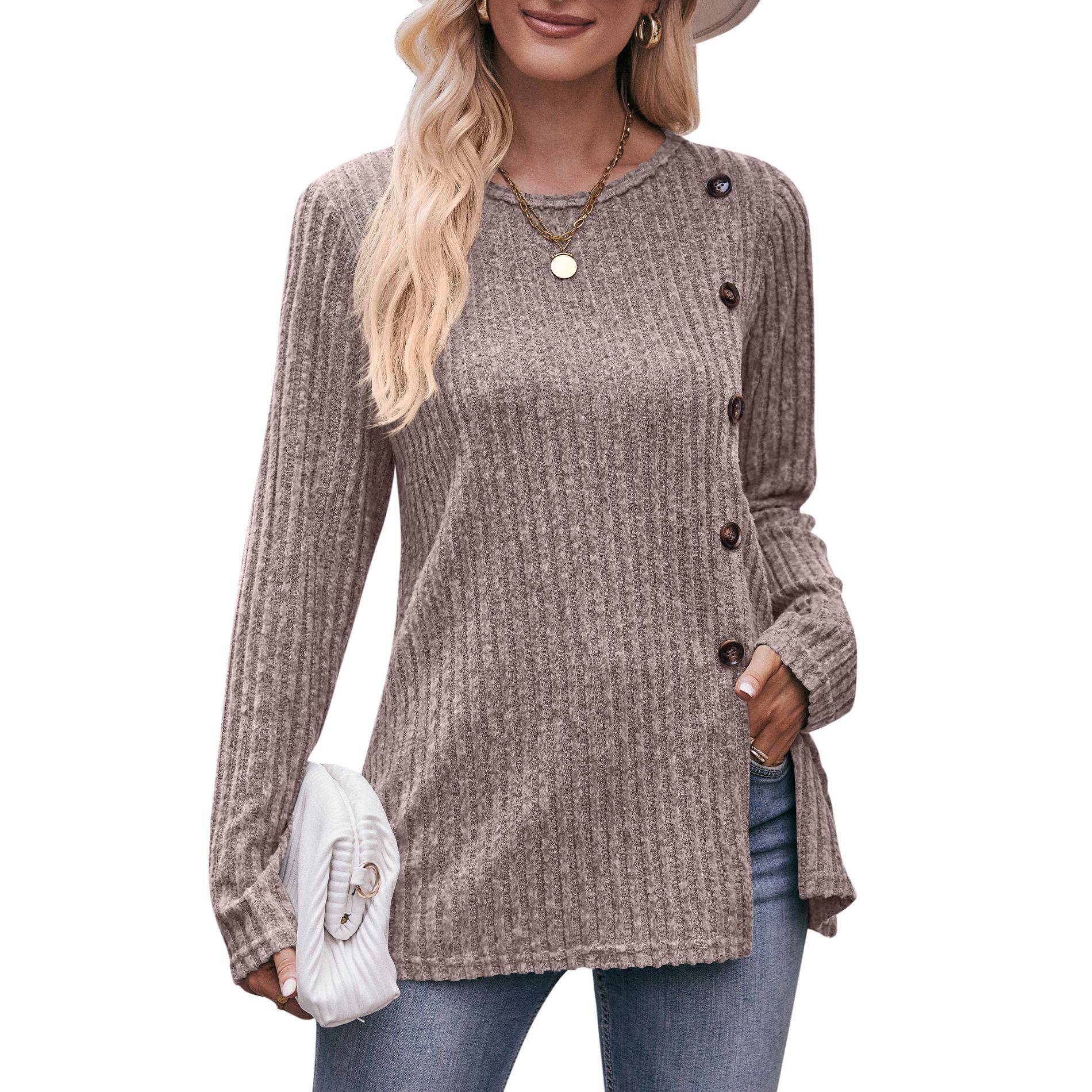 Women's solid color slit button T-shirt 8