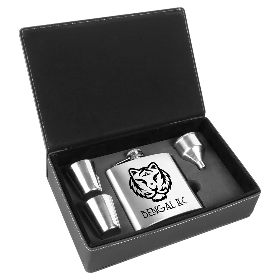 6 oz. Stainless Steel Flask Set in Black/Silver Leatherette Box 1