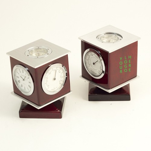 3-Time Zone Revolving Desk Clock with Compass (Walnut Wood) 1