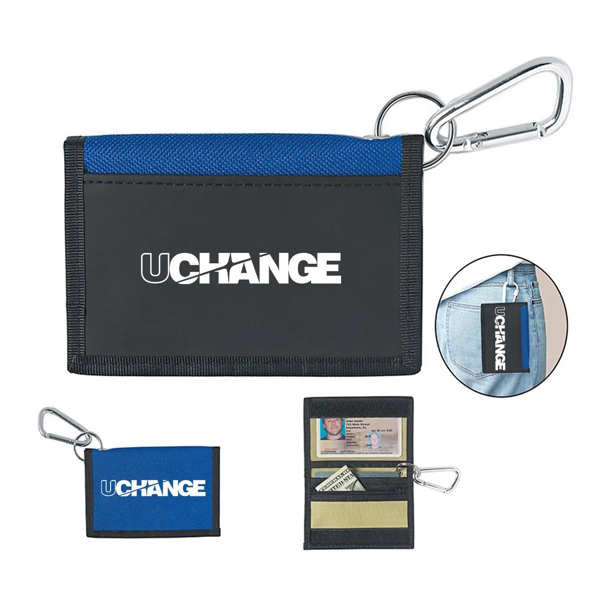 Carabiner Bifold Wallet With ID Window And Zipper 2