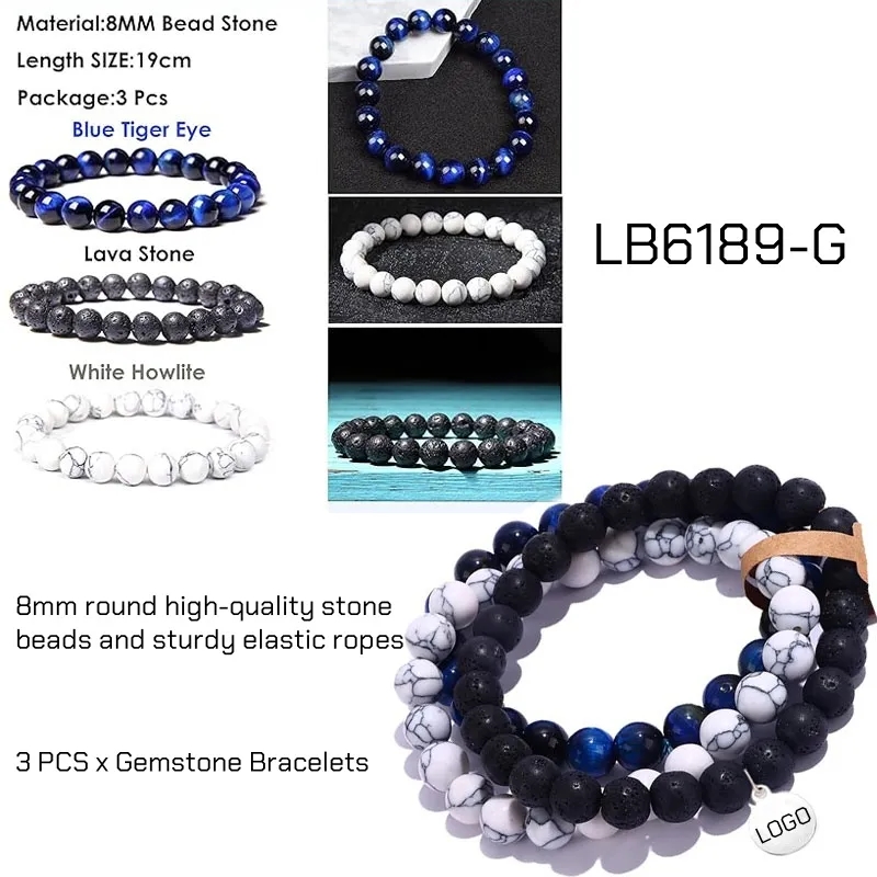 BULK Round Beaded Gemstone Bracelets Wholesale 3 PCS Set 1