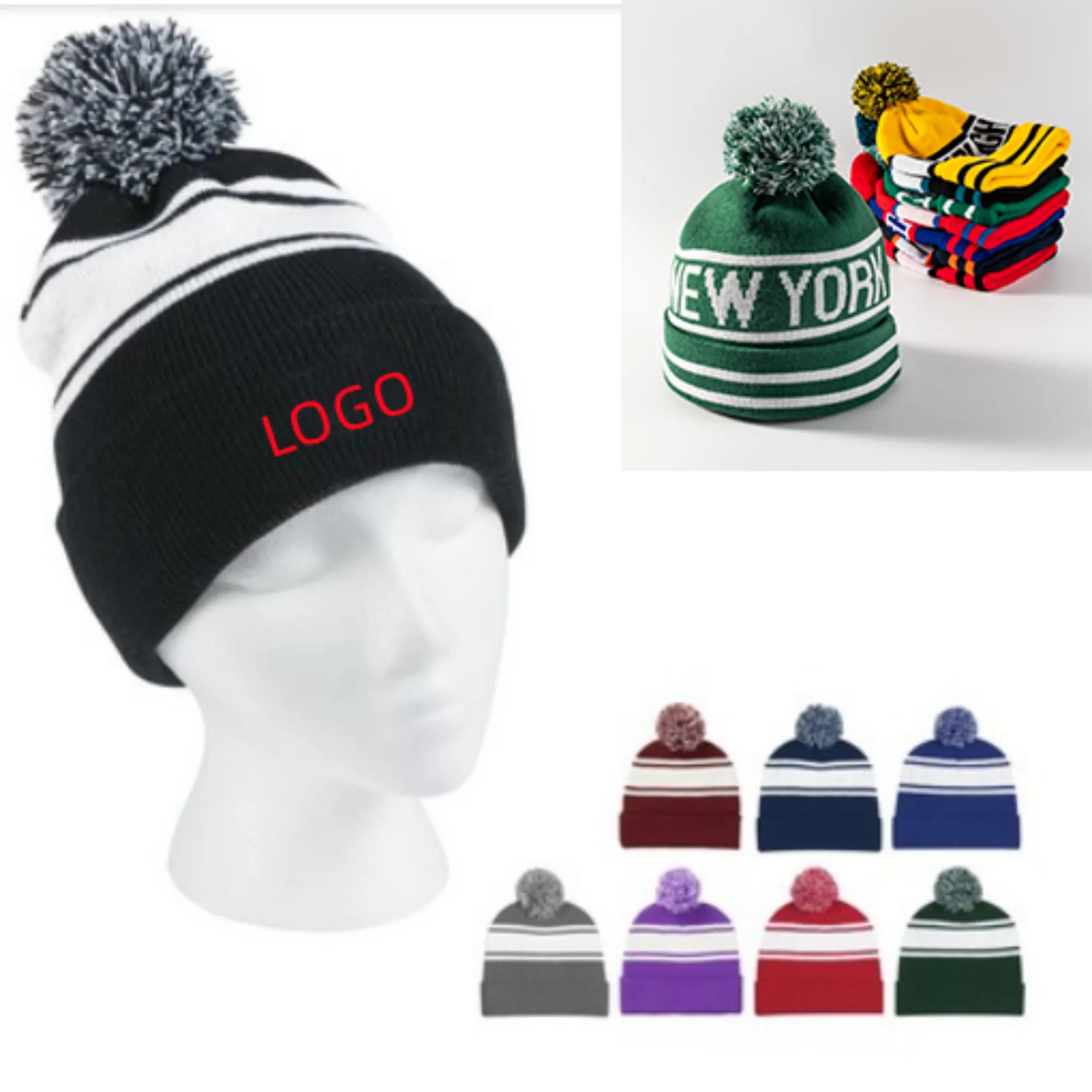Full Color Acrylic Knit Beanies Hat WIth Pom 2
