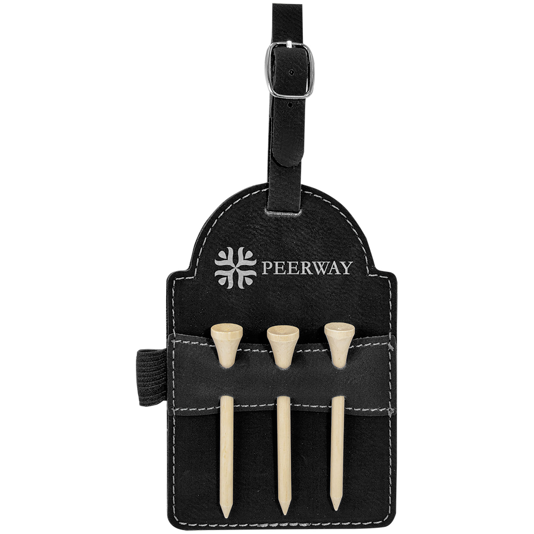 5" x 3 1/4" Black/Silver Leatherette Golf Bag Tag with 3 Wooden Tees 2