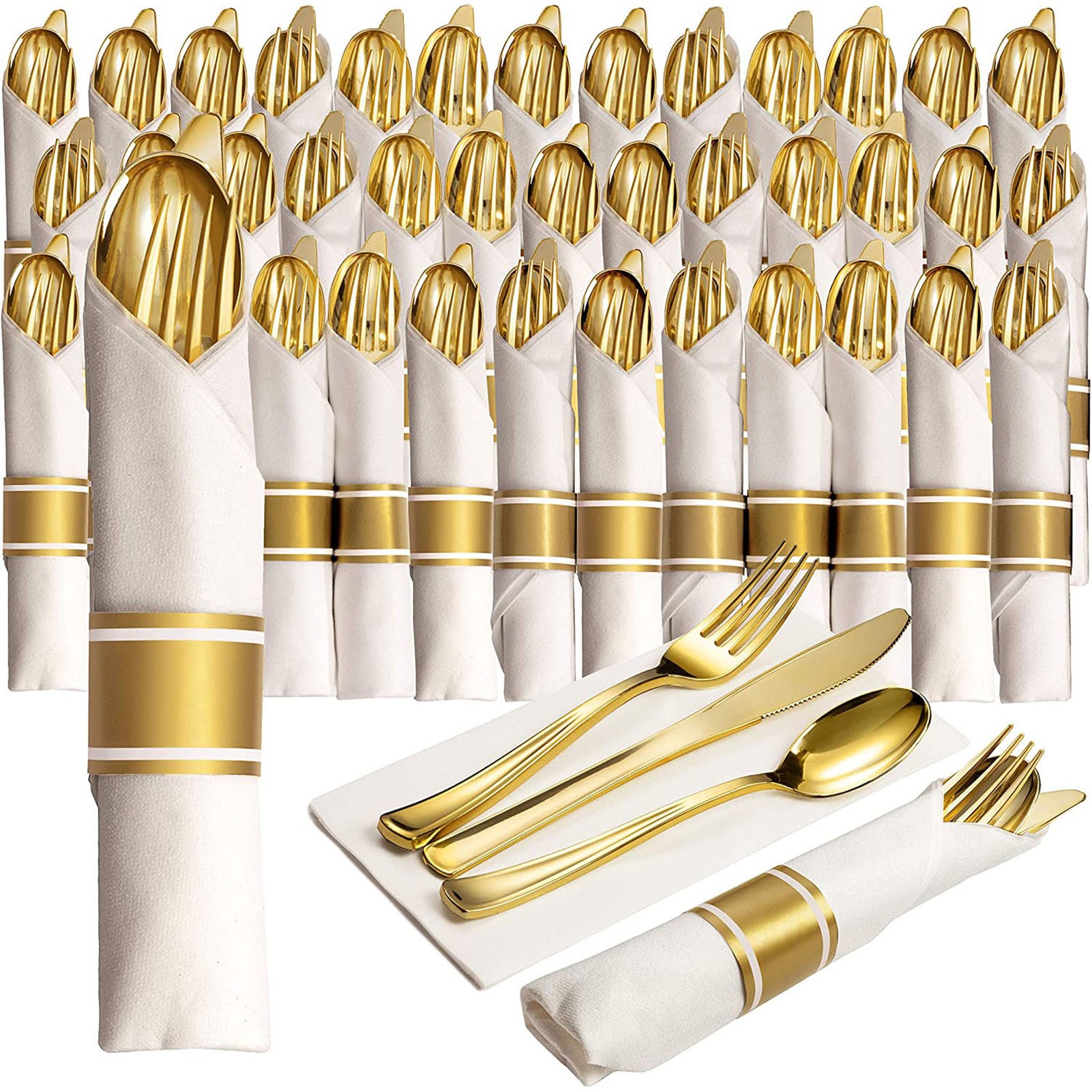 Wrapped Disposable Silverware Set with Fork Knives Spoon White Napkins 1